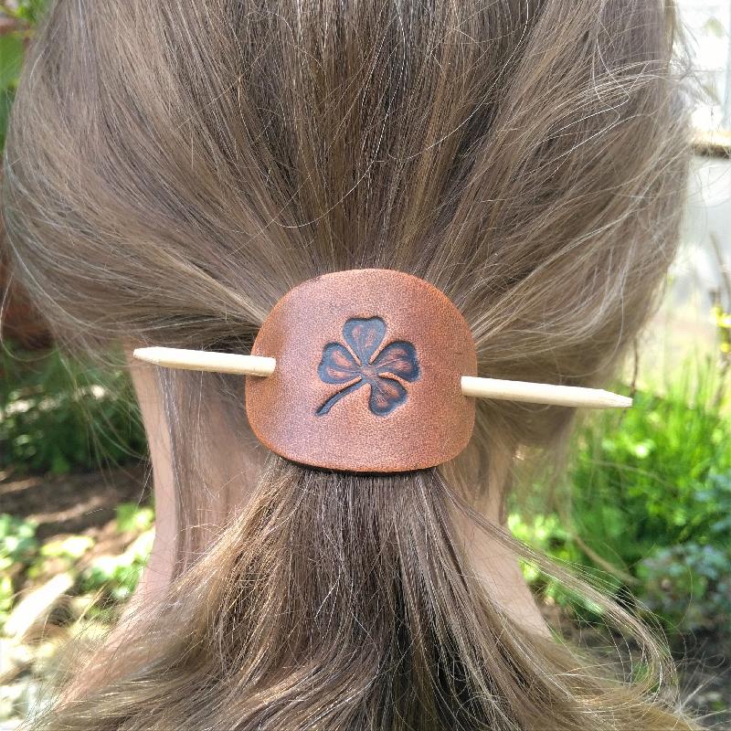 Celtic Leather Craft Hair Slide - small Shamrock Hair Slide - small